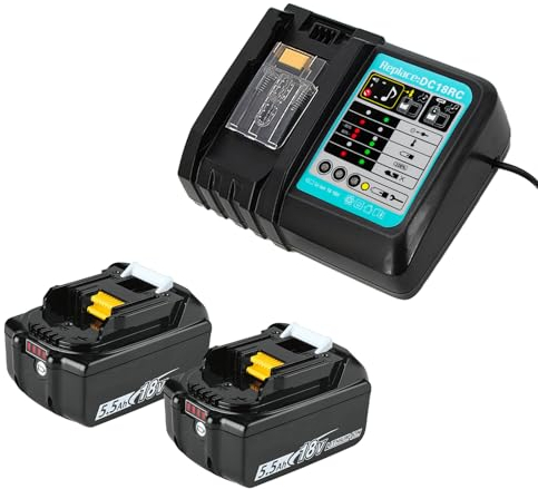 2 Stück 5500mAH Akku und Ladegerät, Ersatzakku für Makita 18V Akkus, BL1850 Akku für Baustellenradio DMR108 DMR110 DMR107 DMR112 DMR104 Radio mit LED Werkzeugakku, 2 Akkus+Ladegerät