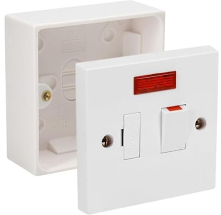 Fused Spur Side Flex 13Amps White Electrical Connection Unit - Optional Neon Indicator, Single 25/35/45mm Pattress Back Box Surface Mounted 1 Gang (Switched Fused Spur with Neon, SET with 35mm Box)