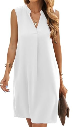 JOCAFIYE Frauen V-Ausschnitt Sommerkleider Damen Ärmellos T-Shirt Strandkleid Lässige Tank Kleid White L