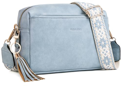 Roulens Damen Handy Umhängetasche,Veganem Leder Crossbody Schultertasche,Breiter Riemen Abendtasche mit drei Reißverschlussfächern Handtaschemit mit Kartenschlitz Verstellbar Abnehmbar Schultergurt