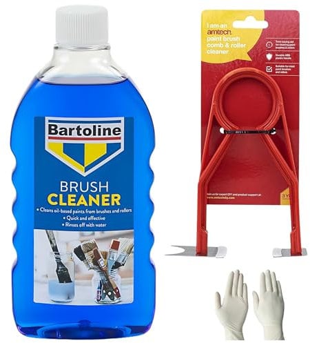 Paint Brush Cleaner Bundle with Bartoline Brush Cleaner (500ML), Amtech 2-in-1 Paint Brush Comb & Paint Roller Cleaner with MK Retail Gloves