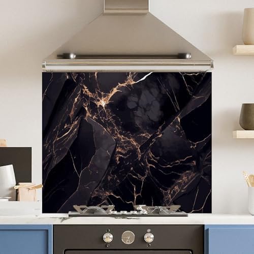 Toughened 6mm Glass Kitchen Splashback 90 x 75cm Dark Marble - Polished Edge Heat Resistant Back Splash for Cookers Hob