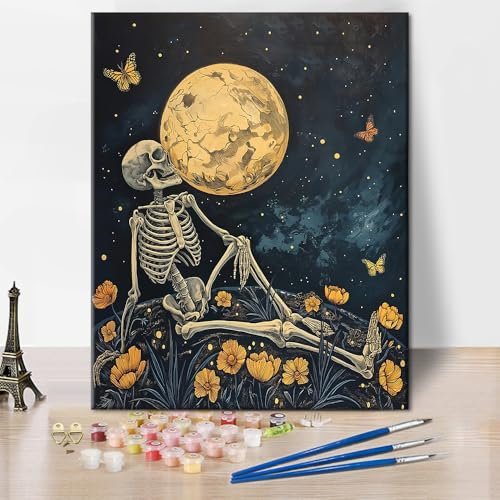 TISHIRON Malen nach Zahlen Erwachsene Skelett unter dem Vollmond Malen nach Zahlen auf Leinwand, Erwachsene Malen-nach-Zahlen, Malen nach Zahlen für Erwachsene DIY digitales Ölgemälde-Set, 40X50cm