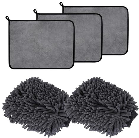 POHOVE Set di 3 panni in microfibra per auto e 2 guanti da lavaggio auto, set per lavaggio auto, cucina, super assorbenti (colore grigio scuro)