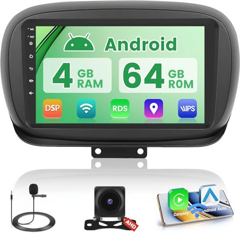 5G WiFi 4+64G Android Radio de Coche para Fiat 500X 2014-2020 Inalámbrico Carplay, 9 Pulgadas IPS Pantalla Táctil Autoradio Bluetooth Android Auto GPS FM/RDS Cámara Trasera