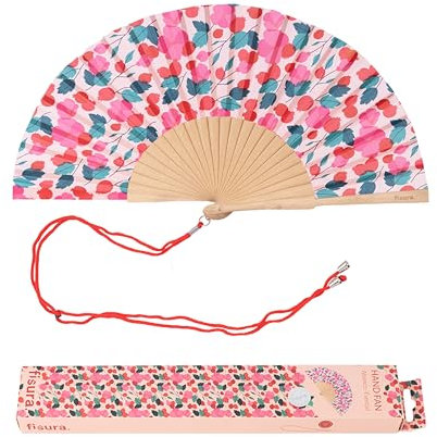 Fisura – Abanico original con estampado de amapolas. Abanico de madera moderno y colorido. Ventilador de mano rosa y rojo. Colgador incluido. Medidas: 42,5 x 23 cm