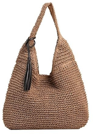 Bolsa tejida de paja para mujer, ligera, para verano, playa, color caqui, Khaki, 400*20*300mm/15.75*0.79*11.81inch