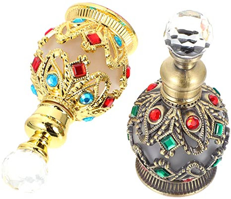 DEARMAMY Lot De 2 Flacons à Fragrance en Verre 15 ML, Porte-fragrances Vintage Incrustés De Diamants, Alliage Métal, Format Compact, Réutilisables pour Huiles Essentielles Et Voyages