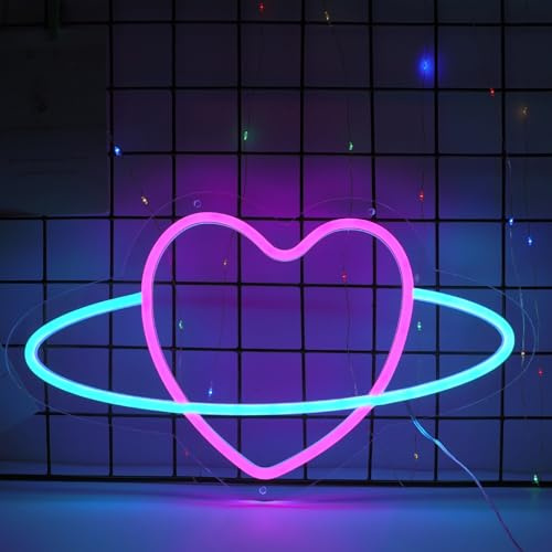ENUOLI Herz-Planet-Neonschild, dimmbare Neonlichter, romantische | Schlafzimmerdekoration, LED-Rosa-Herzschild-Licht für Wand-Hochzeitsfeier-Dekoration, Kinderzimmer, Geschenk zum Valentinstag