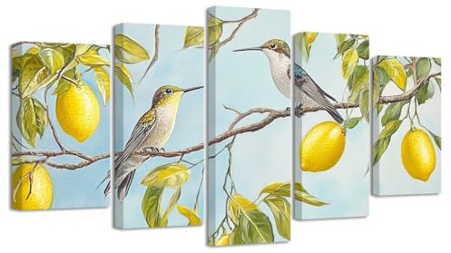 LZIMU Lemon Tree Wall Art for Kitchen 5 Pieces Hummingbird with Yellow Lemon Canvas Print Vintage Citrus Fruit Painting Yellow Blue Artwork for Dining Room Decor (Teal, 8x14inx2 8x18inx2 8x22inx1)