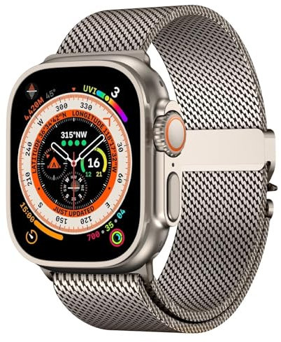 yeziu Cinturino in titanio per Apple Watch Ultra 2 da 49 mm, passante in maglia milanese naturale, per iWatch serie 10, 9, 8, 7, 6, 5, 46 mm, 45, 44 mm e 42 mm, con fibbia a paracadute di sicurezza.(S