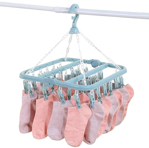 Sock Hangers - Bra Drying Clips | Clothes Airer with 32 Clips for Socks, Bras, Towels, Underwear, Scarves and Hats - Suitable for Home, Outdoor and