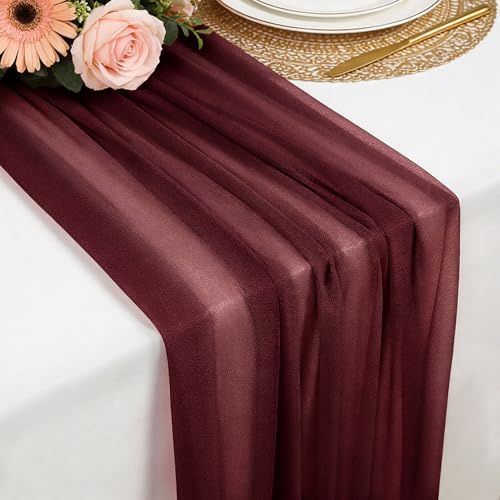 Tischläufer Weinrot Chiffon , 77 X 300 cm Weich und Bequem Tischläufer für Boho Hochzeit, Party, Taufe Dekor, Babyparty, Brautparty Küche Tisch Dekoration