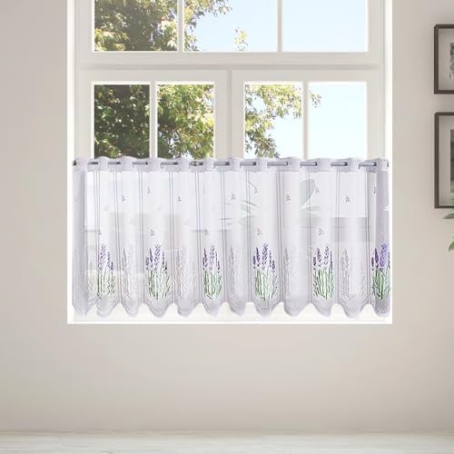 ALKNOT Scheibengardine Weiß mit Lochleiste – Transparente Kurzgardine im Landhaus-Vintage-Stil mit Spitzenoptik & Jacquard-Muster – Für Küche & Wohnzimmer – 150 x 50 cm (1 Stück)