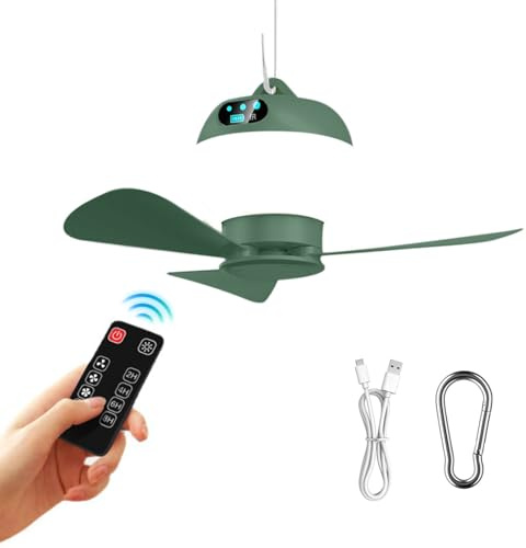 Ventilatore da campeggio 6000 mAh,mini ventilatore USB con LED RGB & gancio | Roadtime Ventilatore da soffitto a 3 velocità, telecomando per tenda, lampada ventilatore con illuminazione per auto, verde