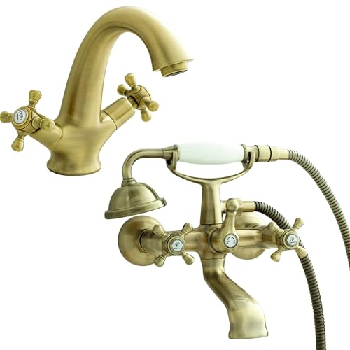 Clever Antigona Mitigeur de lavabo et mitigeur bain/douche en bronze avec poignée en croix traditionnelle en laiton avec kit de douche