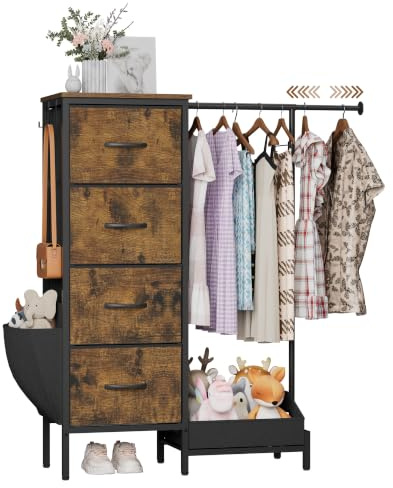 Kommode mit 4 Stoff Schubladen und Kleiderstange, 110cm Hoch Stabil Komodenschrank Schmaler Kleiderschrank für Schlafzimmer Flur Kinderzimmer, Platzsparender Wäscheschrank mit Schuhablage (Schwarz)