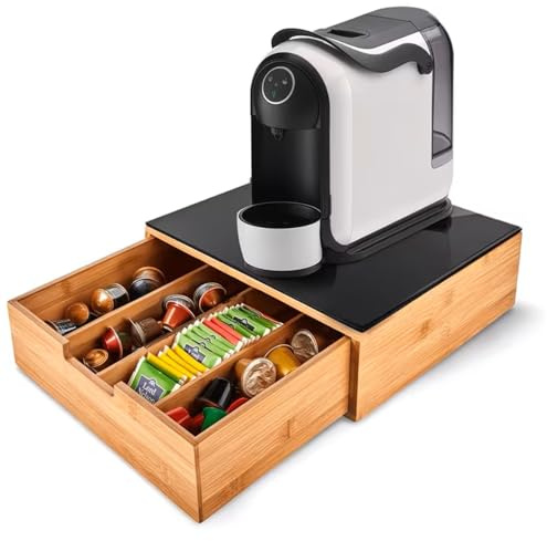 Porta Cialde e Capsule Caffè in Bambù con Vetro Temperato, Organizer con Cassetto e 4 Scomparti, Contenitore Salvaspazio per Caffè, Tè e Accessori Cucina (Vetro Temperato Nero)