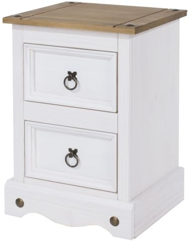 Corona 2-Drawer Petite Bedside Cabinet, Rustic Compact Mexican Design, Waxed Finish, Metal Hardware, Storage Nightstand Table for Bedrooms, Living Rooms & Hallways (White)