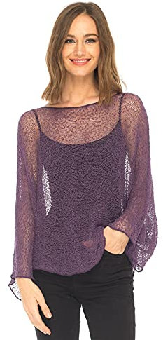 SHU-SHI, donne - Camicetta trasparente con poncho in maglia leggera e coprispalle viola