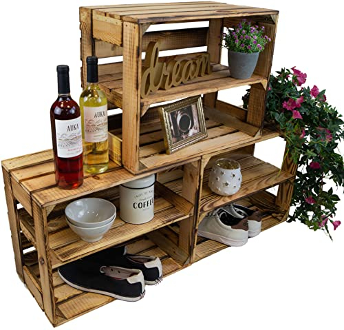 Kistenkolli Altes Land 3er set Regalkiste Holzkiste Gerda flambiert mit Zwischenbrett/Mittelbrett Längs Schuhregal Bücherregal Obstkiste Weinkiste geflammt