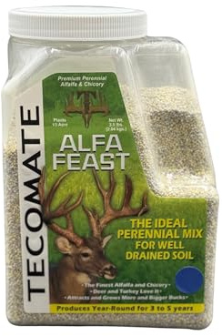 Alfa-Feast Trophy Mix (3.5 LB) — Deer Food Plot Seed by Tecomate. The Queen of Legumes Among Seed for Food Plots. A Blend That Includes Alfalfa, Clover, and Chicory.
