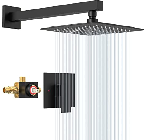 SunCleanse - Set per doccia con soffione a pioggia e braccio doccia extra lungo, con valvola di bilanciamento della pressione, colore: Nero opaco