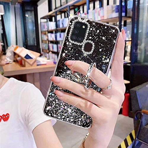 Uposao Kompatibel mit Samsung Galaxy A21S Hülle Glitzer Silikon Handyhülle mit Ring Halter Ständer Schutzhülle für Mädchen Glänzend Bling Strass Diamant Transparent TPU Handyhülle,Schwarz