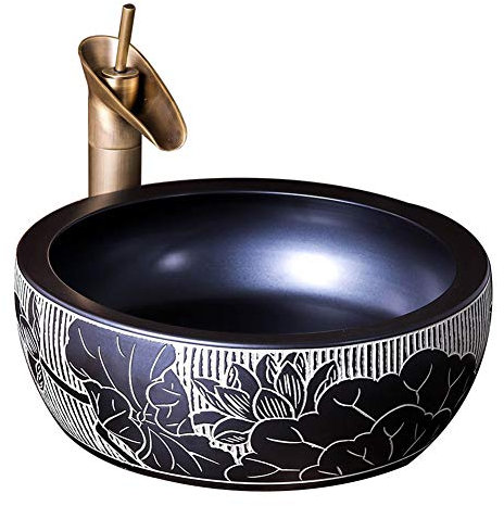 Estilo Europeo Lavabo Sobre Encimera Retro Cerámico Arte Fregadero Negro Redondo Baño Lavamanos Absorción De Agua Baja Desodorante Y Lavabo Resistente a Grietas