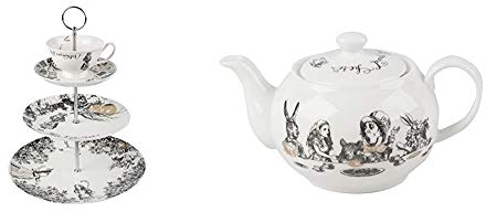 V&A Alice in Wonderland 3-Tier Cake Stand & V&A Alice in Wonderland Mini Teapot, 450ml (16 fl oz)