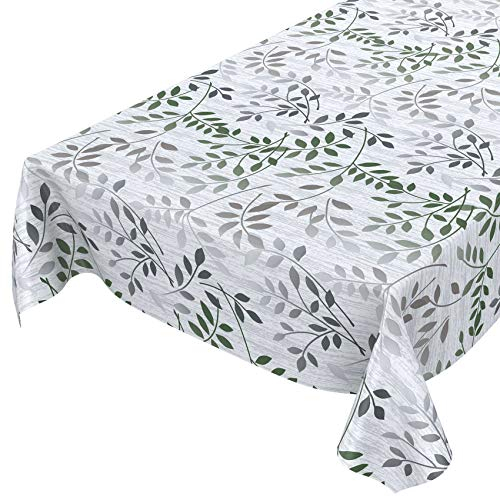 Wachstuchtischdecke abwaschbar Garten Tischdecke Wachstuch Rund Oval Eckig Indoor Outdoor Blätter Silber Grün 180x140cm