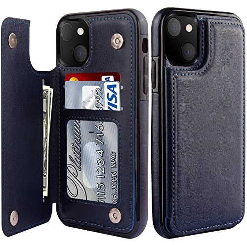 LETO for iPhone 13 Mini Case,Luxury Flip Folio Leather Wallet Cover with Card Slots and Kickstand Protective Shell 5.4 Navy Blue
