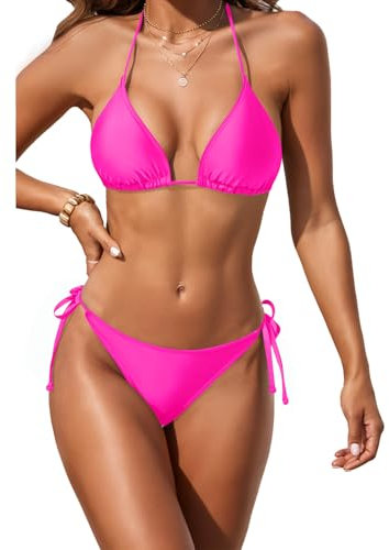 Holipick Zweiteiliges Triangel-Bikini-Set für Damen, String-Badeanzug, Neckholder-Top mit seitlicher Bindung, Bikinihose, neon pink, XX-Large