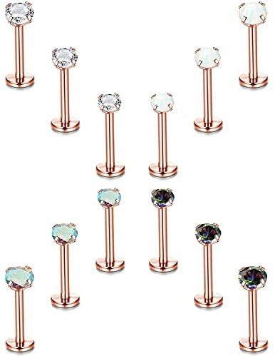 Milacolato 12Pcs 16G Piercing Tragus Labret Oreille Helix Acier Chirurgical Tragus Studs Clou Argent Or Rose, Clair CZ Opale Piercing Nez Lèvre Cartilage Piercing Bijoux Pour Femme Homme RG6mm