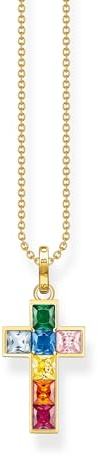 THOMAS SABO Kette Kreuz bunte Steine gold 925 Sterlingsilber, 750 Gelbgold Vergoldung