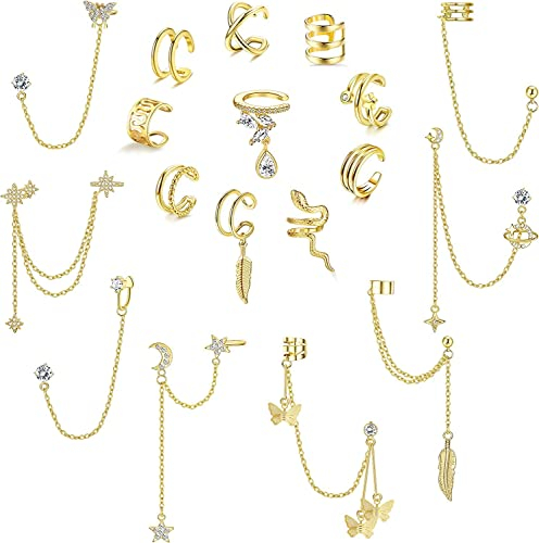 Dimaday 18 Stück Ear Cuffs für Damen Manschetten Kette Ohrringe Clip On Knorpel Helix Manschette Ohrring Non-Piercing Ohrring Schmuck Set