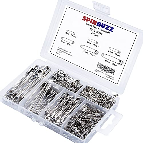 SPINBUZZ Safety Pins 6 Sizes Pack of 315 Nickle Plated Rust Resistant Steel Heavy Duty Quality Pins For Clothing, Arts & Crafts, Sewing and Pinning