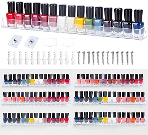 CAEEKER 6 Pack Nail Polish Organiser Wall Mounted Nail Polish Shelves Shelf Clear Acrylic Nail Polish Wall Rack Organizer Nail Polish Display Stand Holder for Nail Varnish Storage to 90 Bottles, 15 in
