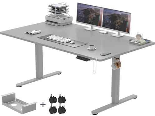 Devoko Höhenverstellbarer Schreibtisch 140x80cm mit Typ-C Ladeanschluss, Schreibtisch Höhenverstellbar Elektrisch, Mobiler Elektrisch Computertisch mit Kabel Management Tray, Grau