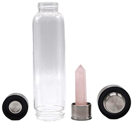 Jorzer Kristallwasserflasche natürlicher Quarzstein Kristallflasche Heilung Glaslecks Getränk Tasse Wasserflasche mit Kristall in rosa Kristallwasserflasche 25 cm