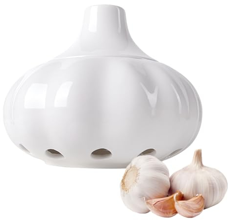 Acaino Vaso per Aglio in Ceramica - Leggero, Lavabile in Lavastoviglie, Adatto al Congelatore - Aspetto Realistico, Stile Rustico - Ideale per Conservare - 11 x 13 x 14 cm (Bianco)