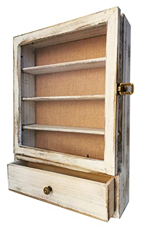 WANLIAN Shadow Box Rahmen, 3 herausnehmbare Ablagen, Holz, Schattenbox, Vitrine, Linienrückseite, Acryl und Schublade, für Bilder, Medaillen, Blumenstrauß an der Wand oder Tischplatte (weiß)