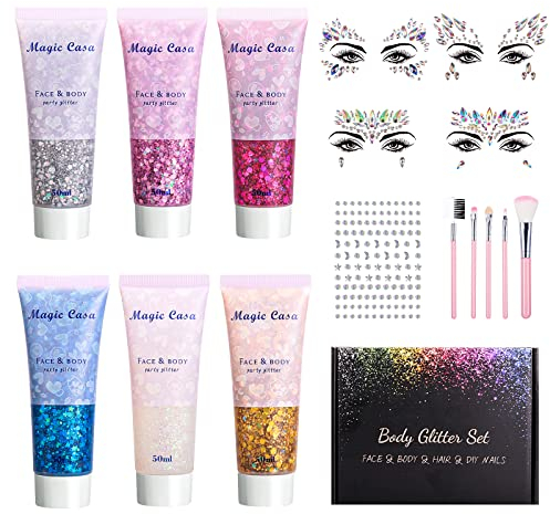 Glitzer Gesicht Body Glitter Gel, Festival Glitter Gesicht für Haare Nägel Face Make Up, Glitzersteine Gesicht Selbstklebend Temporäre Tattoos Gesicht Körper Schminke Karneval Festival Party