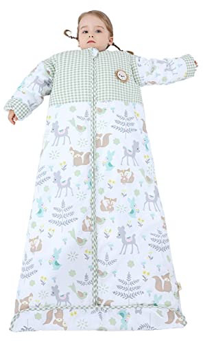 Chilsuessy Winter 2.5 Tog Kinder Schlafsack mit abnehmbaren Ärmeln Baby Schlafsack Bio Baumwolle Ganzjahres Schlafsack für Jungen und Mädchen, 2.5 Tog/Traum Wald, L (100-130 cm)