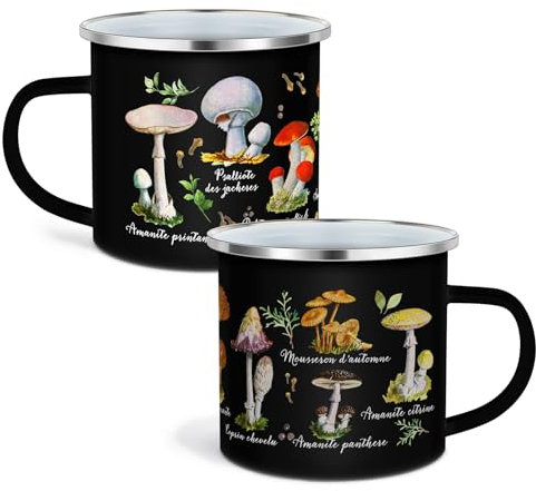 Cunhill 2 Pieces Mushroom Enamel Mug Set Kawaii Mushroom Coffee Cup Thank You Gift Enamel Camp Mug Cute Decor Tin Tumbler Travel Spring Hiking Walking Camping(Black)