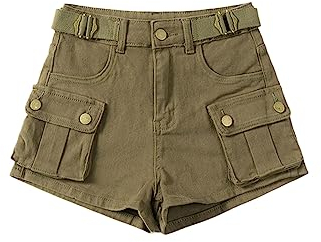 Vintage Damen Denim Shorts High Waist Pocket Khaki Jeans Cargo Gothic Schwarz Kurze Jeans, armee-grün, L