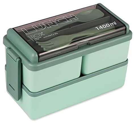 Eidoct Lonchera Bento para adultos y niños, cajas bento japonesas, caja bento de 2 capas a prueba de fugas con utensilios, caja de ensalada de 1400 ml con compartimentos, recipientes de sándwich de 2