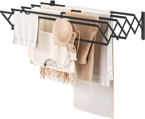 YOUDENOVA Wäscheständer Wandmontage, Wäschetrockner Wand ausziehbar mit 7 Stangen, platzsparender Trockenständer für Waschraum, Handtuchhalter aus Metall für Bad, (42-80) x 59 x 19cm, schwarz
