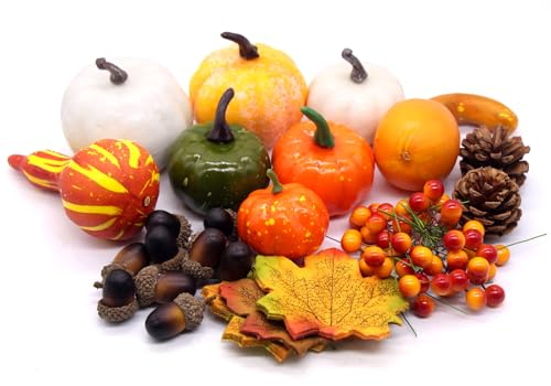 Horuili® 120 Piezas Decoración Calabaza Artificial, Calabaza de Otoño Decoración, Calabaza Hojas de Arce Piñas Bellotas Deco, Decoración para Acción de Gracias, Halloween y Navidad, Boda Otoño, Hogar