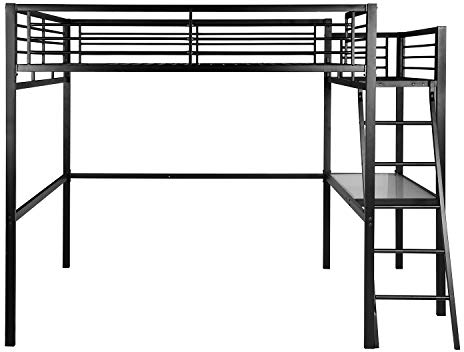 MEUBLE COSY Lit Mezzanine 2 Places 140x190cm avec Sommier à Lattes et Bureau en Verre et métal, Style Industriel, pour Enfant Chambre à Coucher Maison, Noir